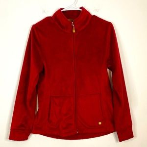 DAKINI Red Velour Cozy Super Soft Zip Up Athletic Track Jacket